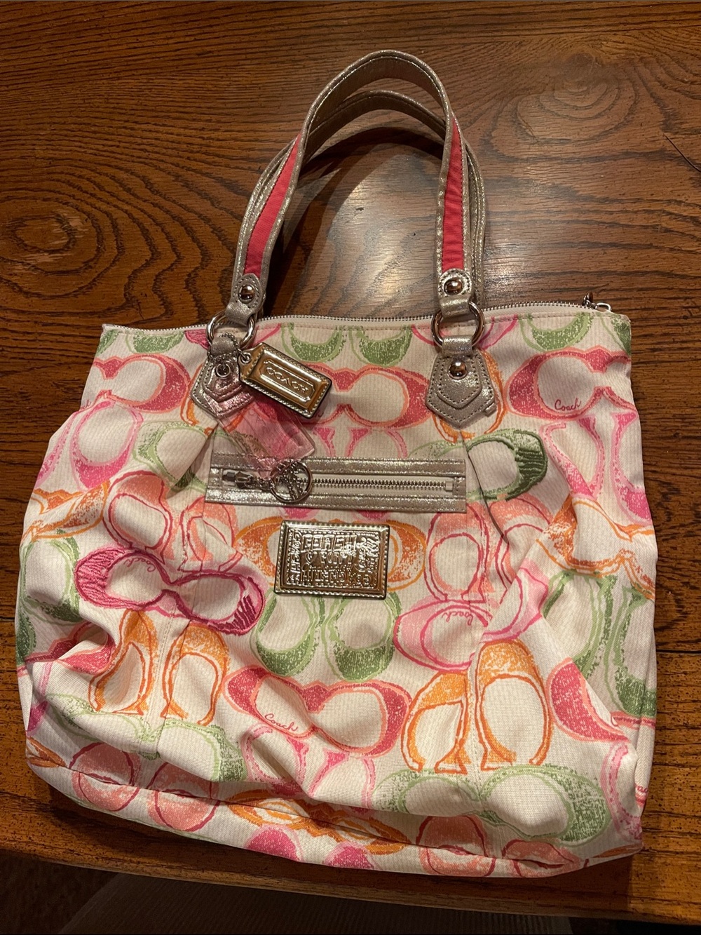 Coach Multicolor Pink Green Orange Signature Canvas Tote with Metallic Trim